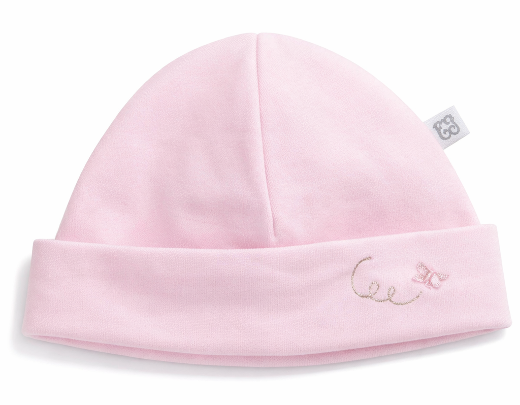 Roze jersey baby mutsje met vlinder