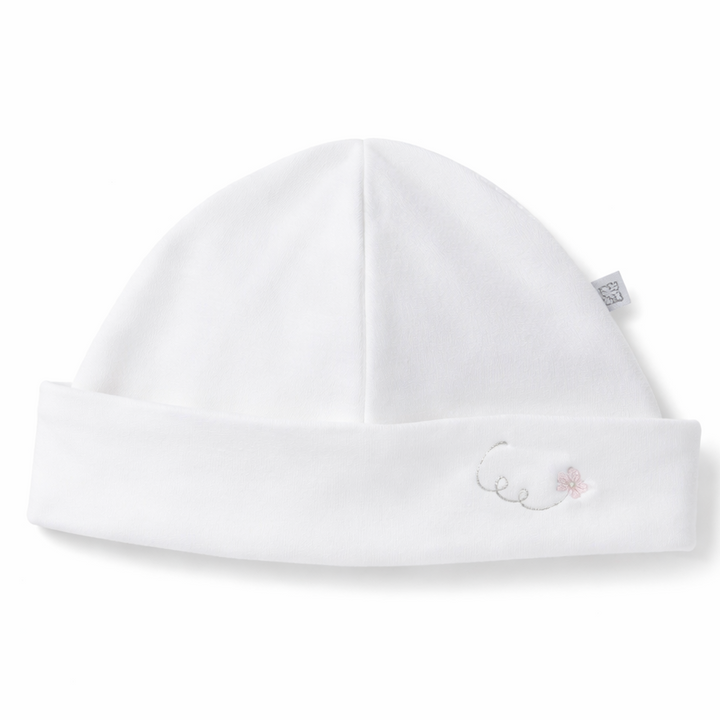 Wit jersey baby mutsje met lichtroze vlinder