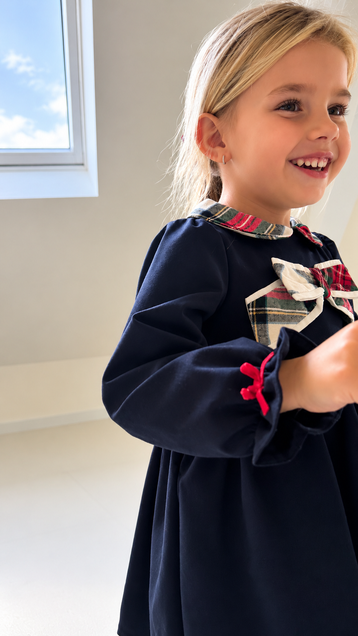 Deolinda Meisjesjurk Donkerblauw met Tartan Strik