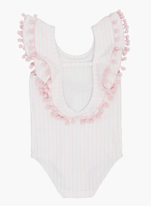 Livly badpak achterkant roze wit gestreept meisje met pompon ruffle kraag