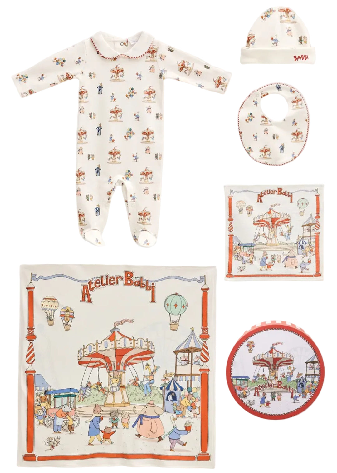 5-delige set, giftbox, deken, spuugdoek, babypakje, slabber mutsje in kermisprint funfaisr van atelier babbi