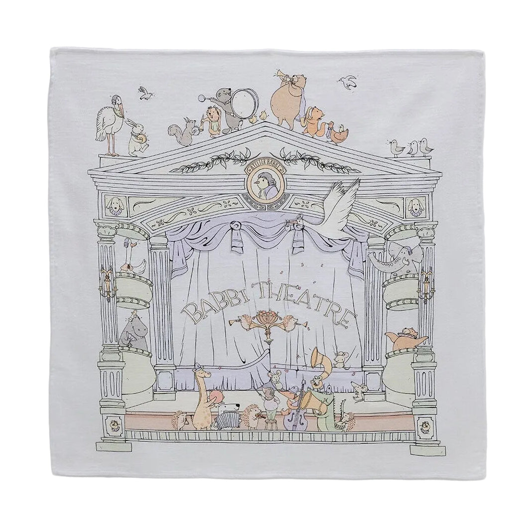 lichtblauwe hydrofiele spuugdoek in theater print van atelier babbig