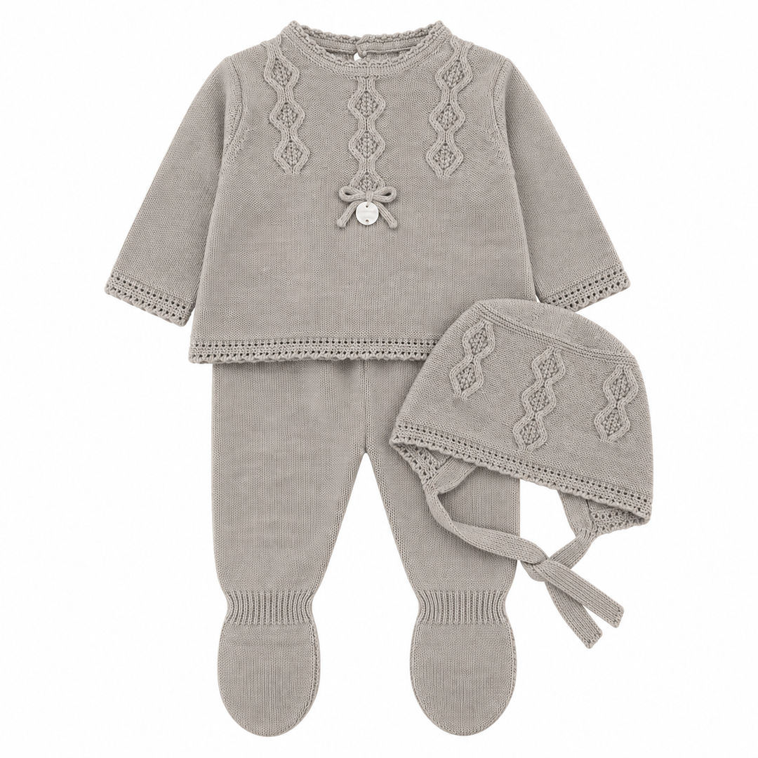 Gebreide 3-delige babyset taupe | Babypakje met mutsje