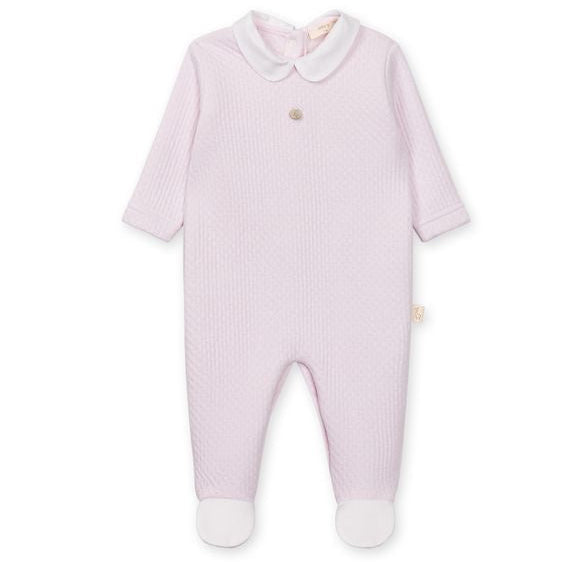 Baby Gi lichtroze boxpakje met klassieke kraag, ajourpatroon en voetjes voor baby's