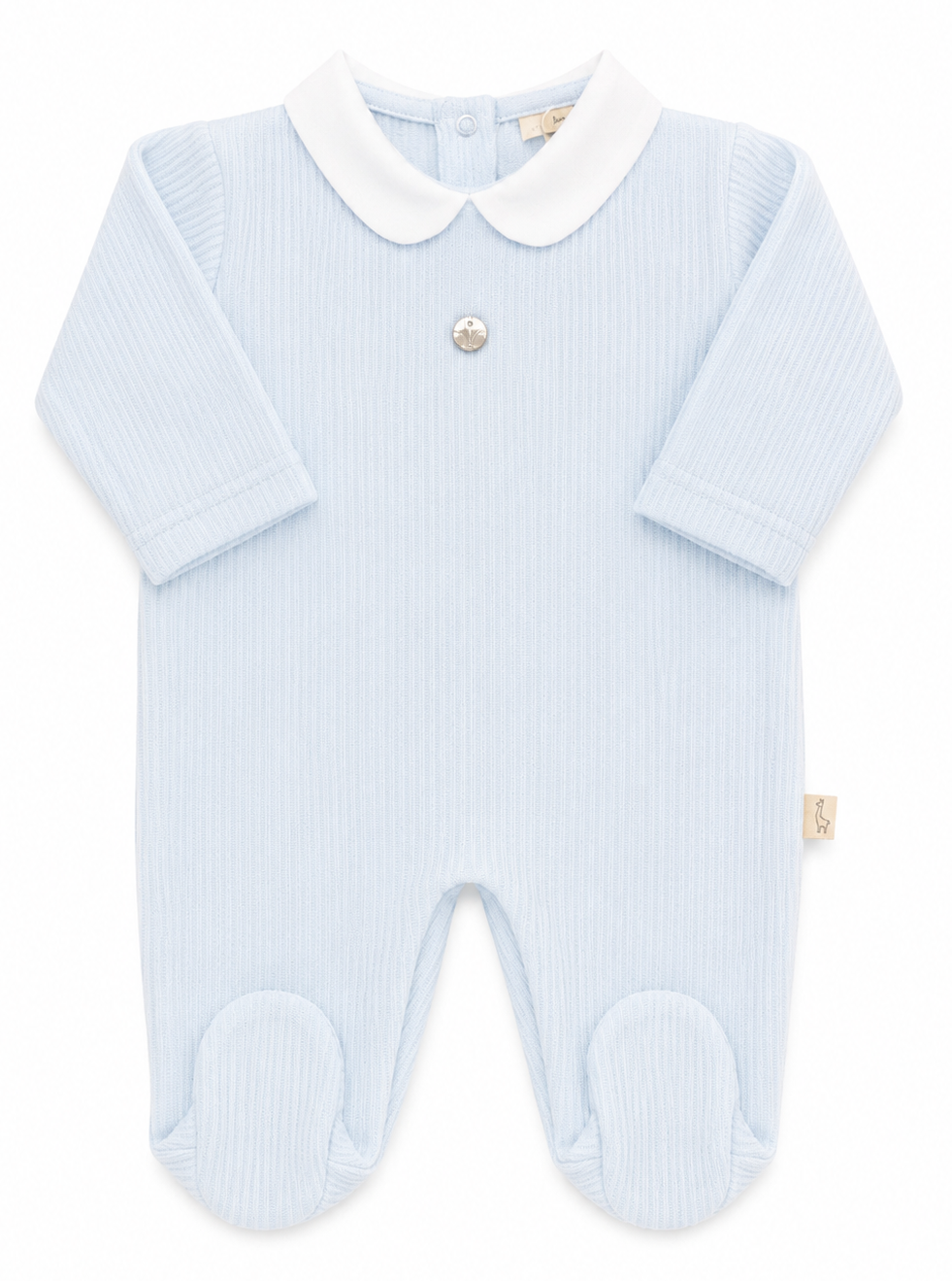 Baby Gi fijn gebreid lichtblauw boxpakje met klassieke kraag en voetjes voor baby's.