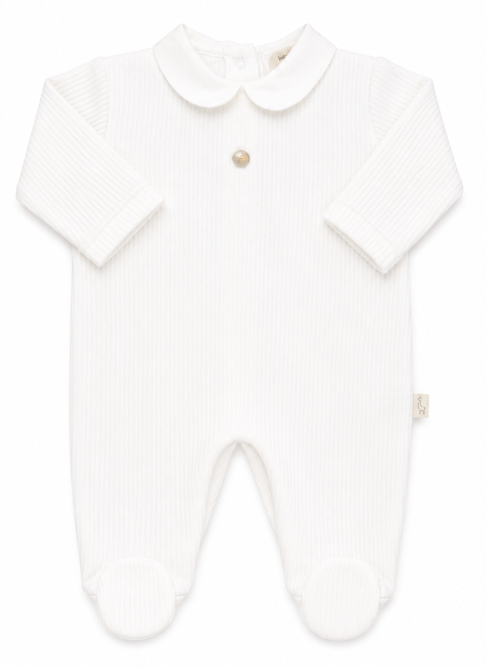 Baby Gi fijn gebreid offwhite boxpakje met klassieke kraag en voetjes voor baby's.