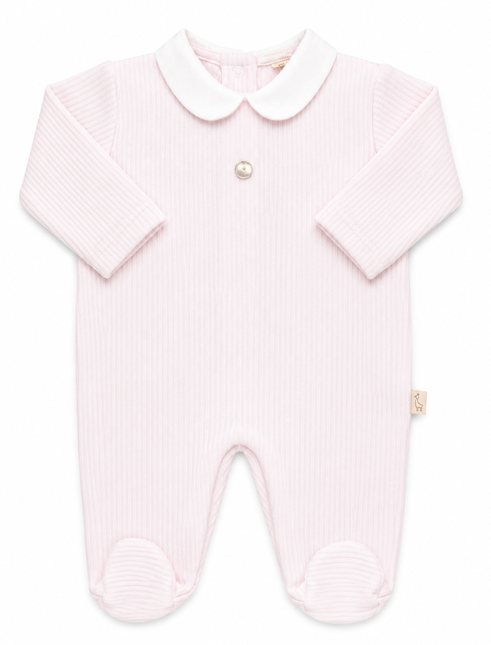 Baby Gi fijn gebreid lichtroze boxpakje met klassieke kraag en voetjes voor baby's.