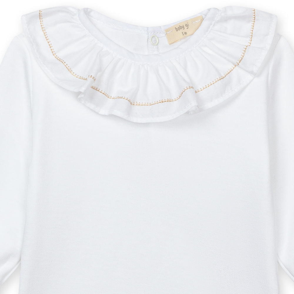 Baby Gi romper wit met elegante ruchekraag