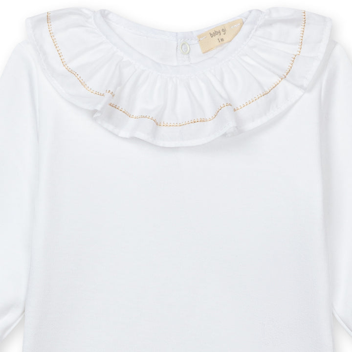 Baby Gi romper wit met elegante ruchekraag