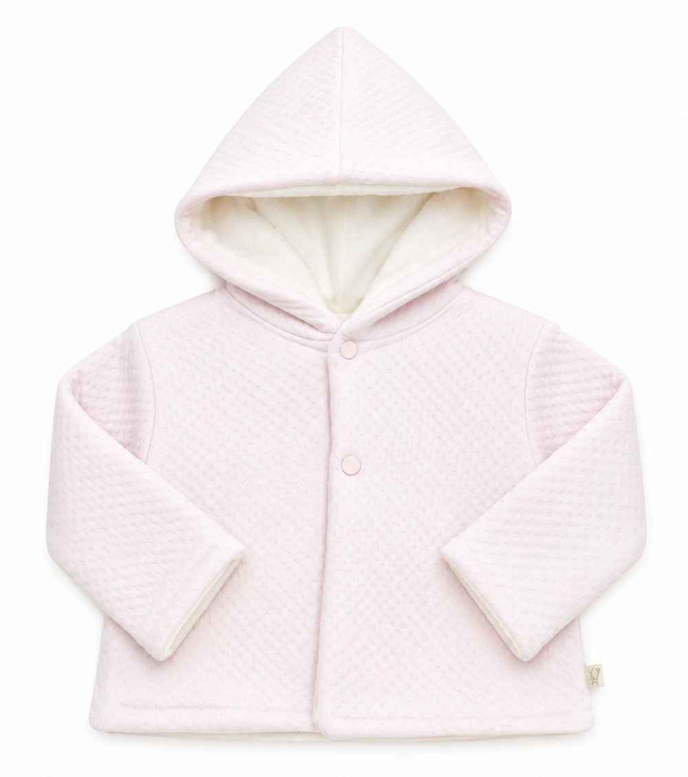 Baby Gi teddy babyjasje lichtroze met capuchon en zachte teddyvoering.