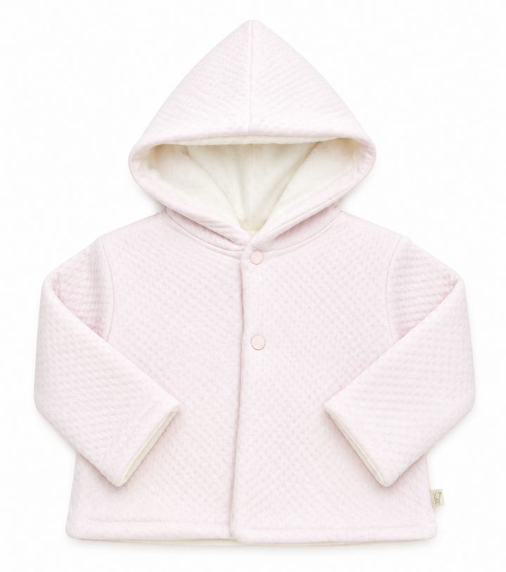 Baby Gi teddy babyjasje lichtroze met capuchon en zachte teddyvoering.