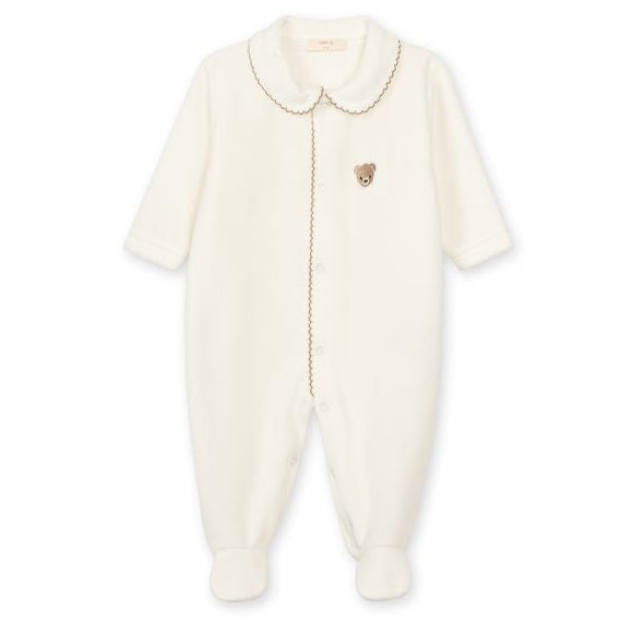 Baby Gi velours boxpakje in offwhite met geborduurd beertje en klassieke kraag voor newborn baby's.