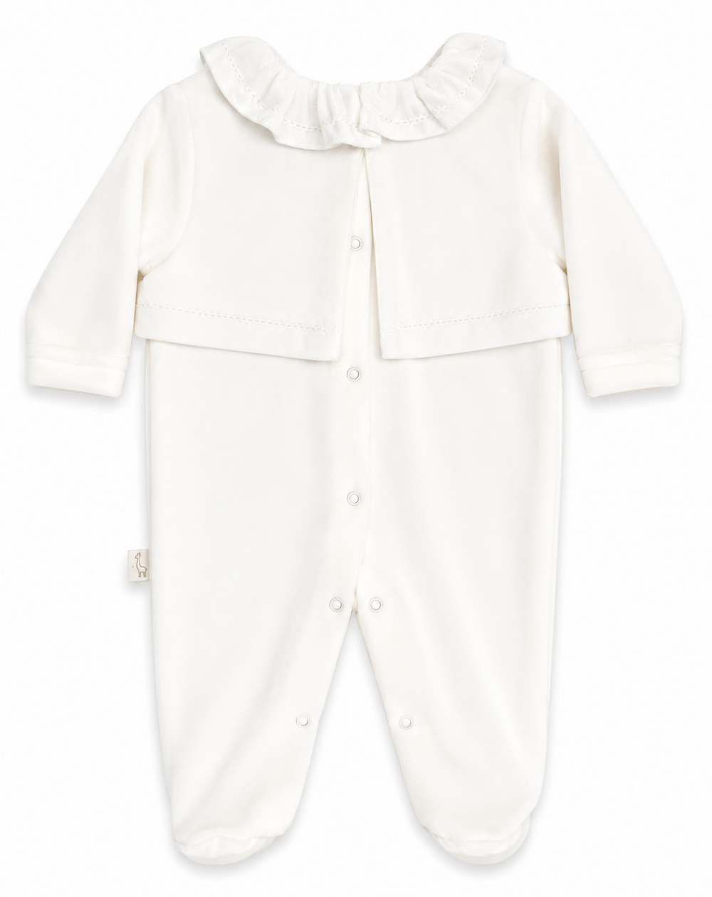 Achterzijde van Baby Gi offwhite velours boxpakje met kraag, drukknoopsluiting op de rug en voetjes.