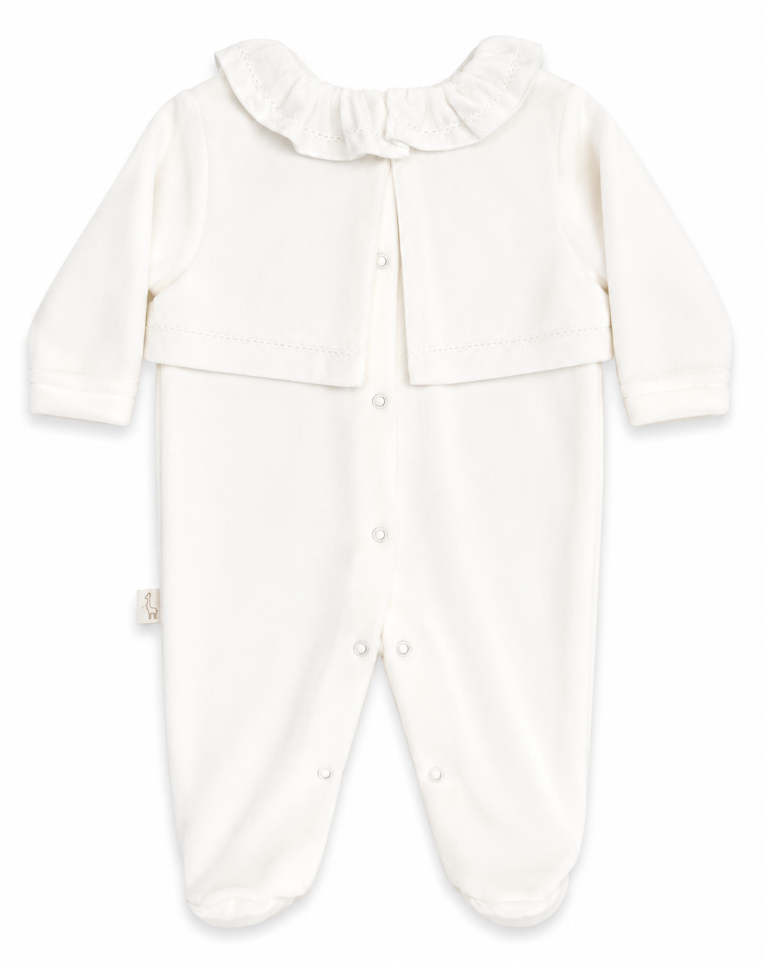 Achterzijde van Baby Gi offwhite velours boxpakje met kraag, drukknoopsluiting op de rug en voetjes.
