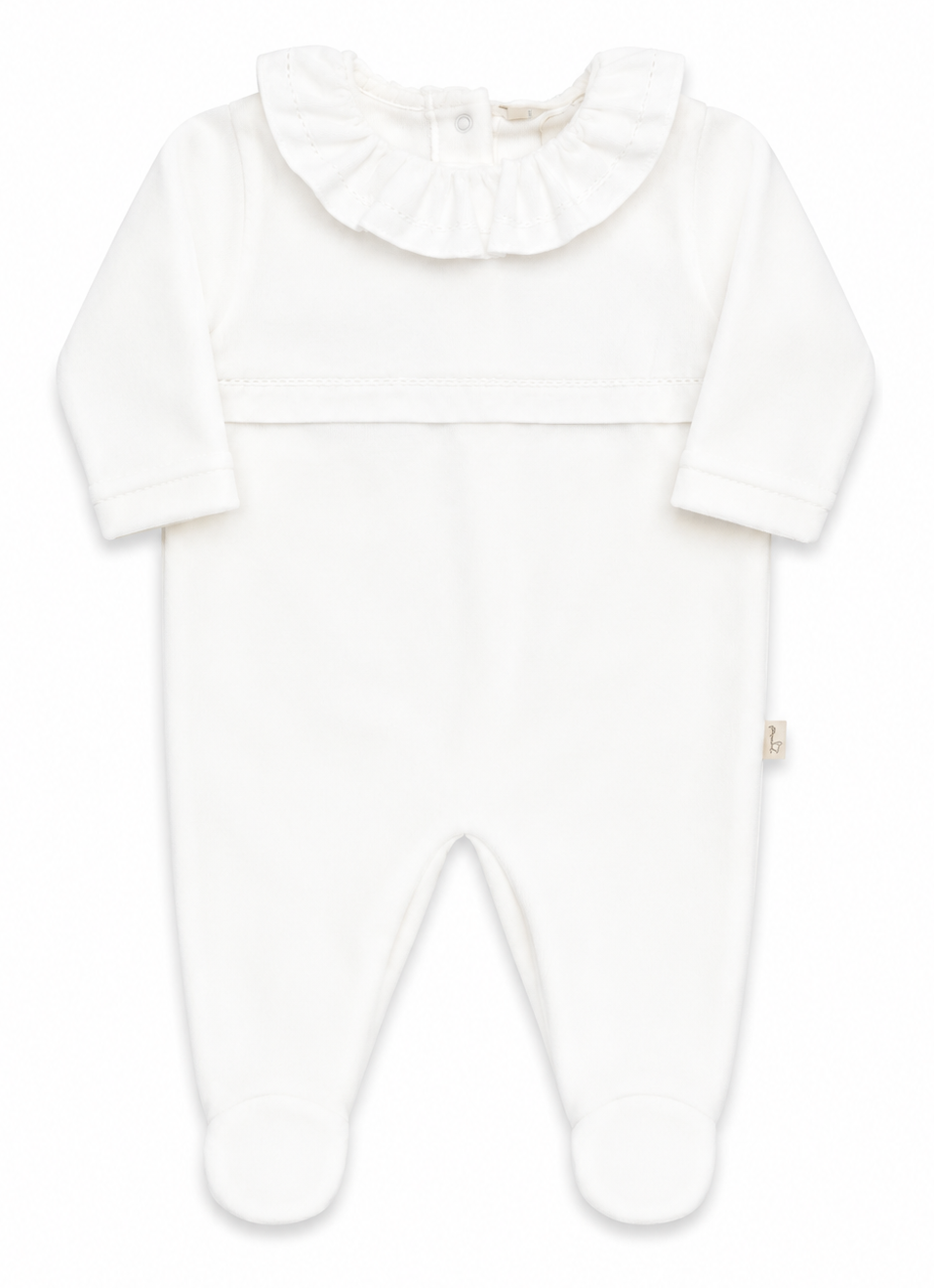 Baby Gi offwhite velours boxpakje voor meisjes met elegante gerimpelde ronde kraag en voetjes.