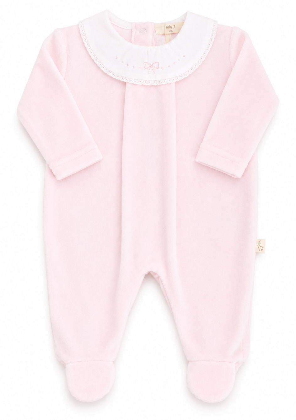 Baby Gi velours boxpakje roze met elegante kraag en voetjes voor baby's.