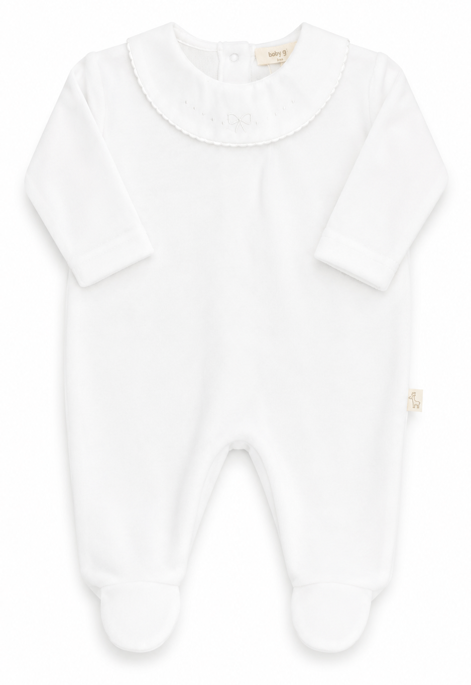 Baby Gi wit velours boxpakje met klassieke kraag en voetjes voor newborn baby's.