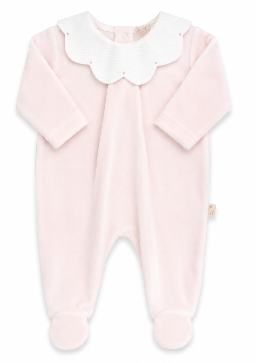 Baby Gi lichtroze velours boxpakje voor meisjes met witte sierkraag, subtiele roze borduursels, drukknoopsluiting op de rug en voetjes.