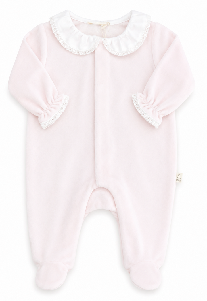 Baby Gi velours boxpakje voor meisjes met broderie kraag lichtroze.