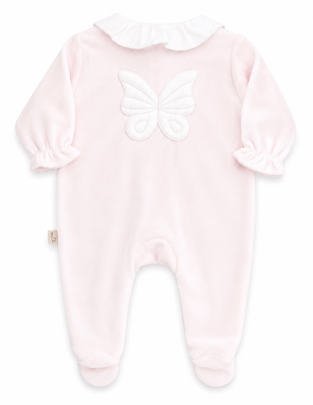 Achterzijde van Baby Gi velours boxpakje lichtroze met grote vlinderapplicatie op de rug voor meisjes.