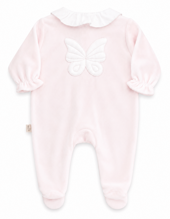 Achterzijde van Baby Gi velours boxpakje lichtroze met grote vlinderapplicatie op de rug voor meisjes.