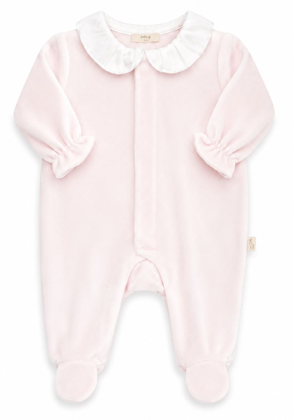 Baby Gi velours boxpakje lichtroze voor meisjes met Peter Pan-kraag, verborgen drukknoopsluiting en voetjes.