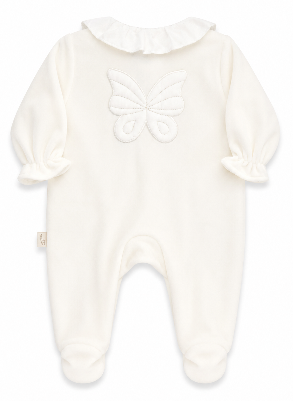 Achterzijde van Baby Gi velours boxpakje offwhite met grote vlinderapplicatie op de rug voor meisjes.