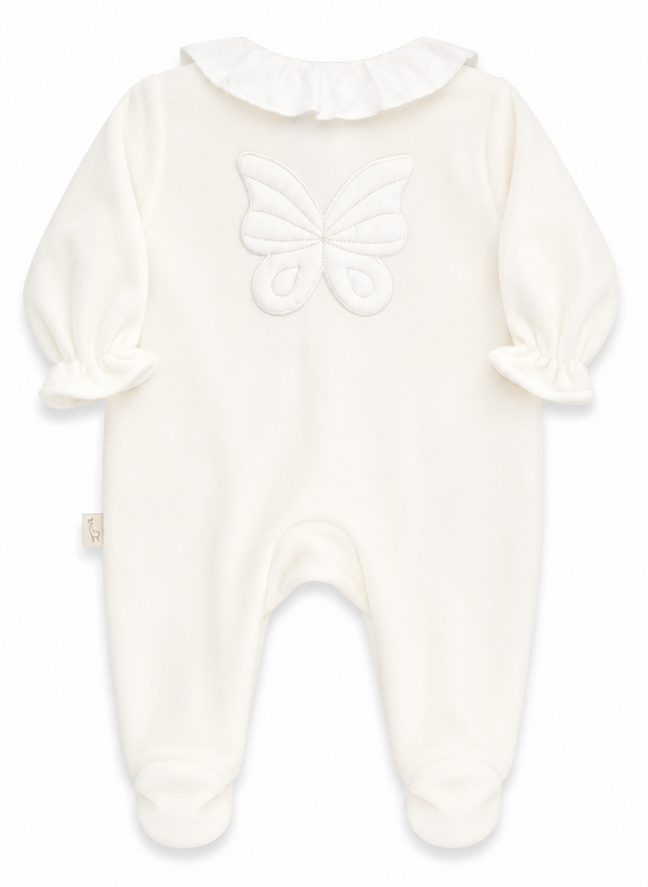 Achterzijde van Baby Gi velours boxpakje offwhite met grote vlinderapplicatie op de rug voor meisjes.