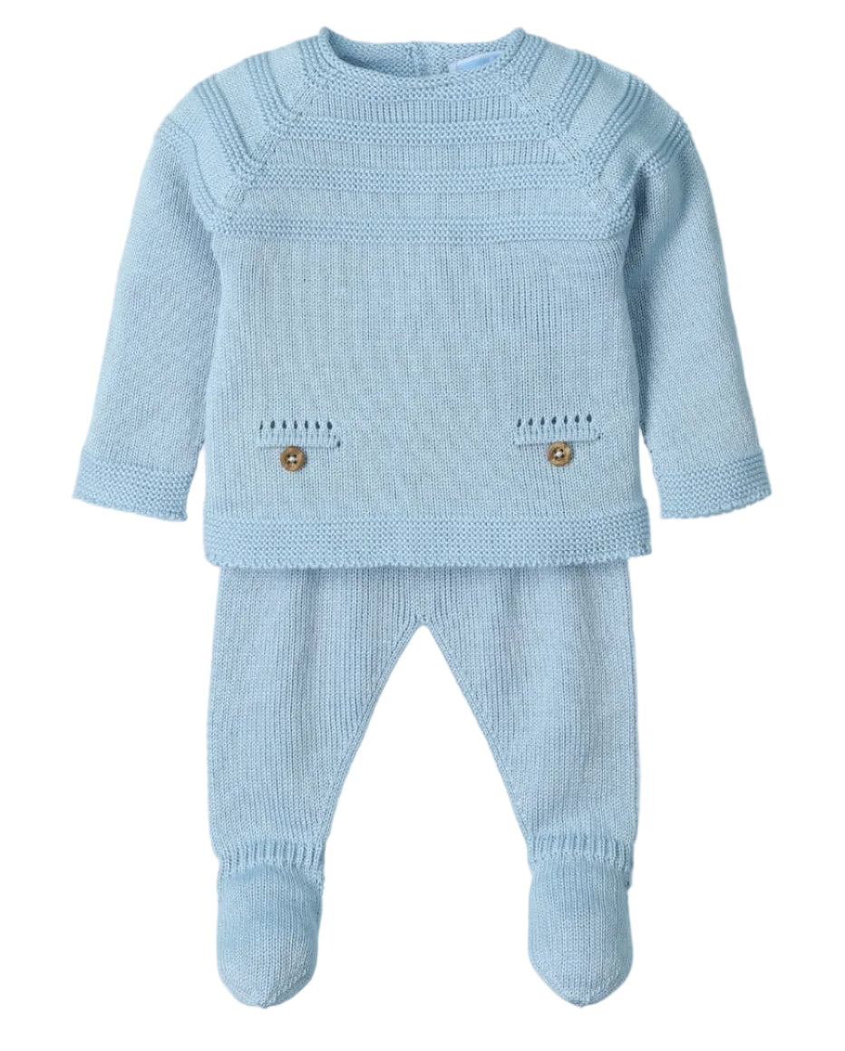 2-delig gebreid babypakje met voetjes in oudblauw/ lichtblauw van Mac Ilusion
