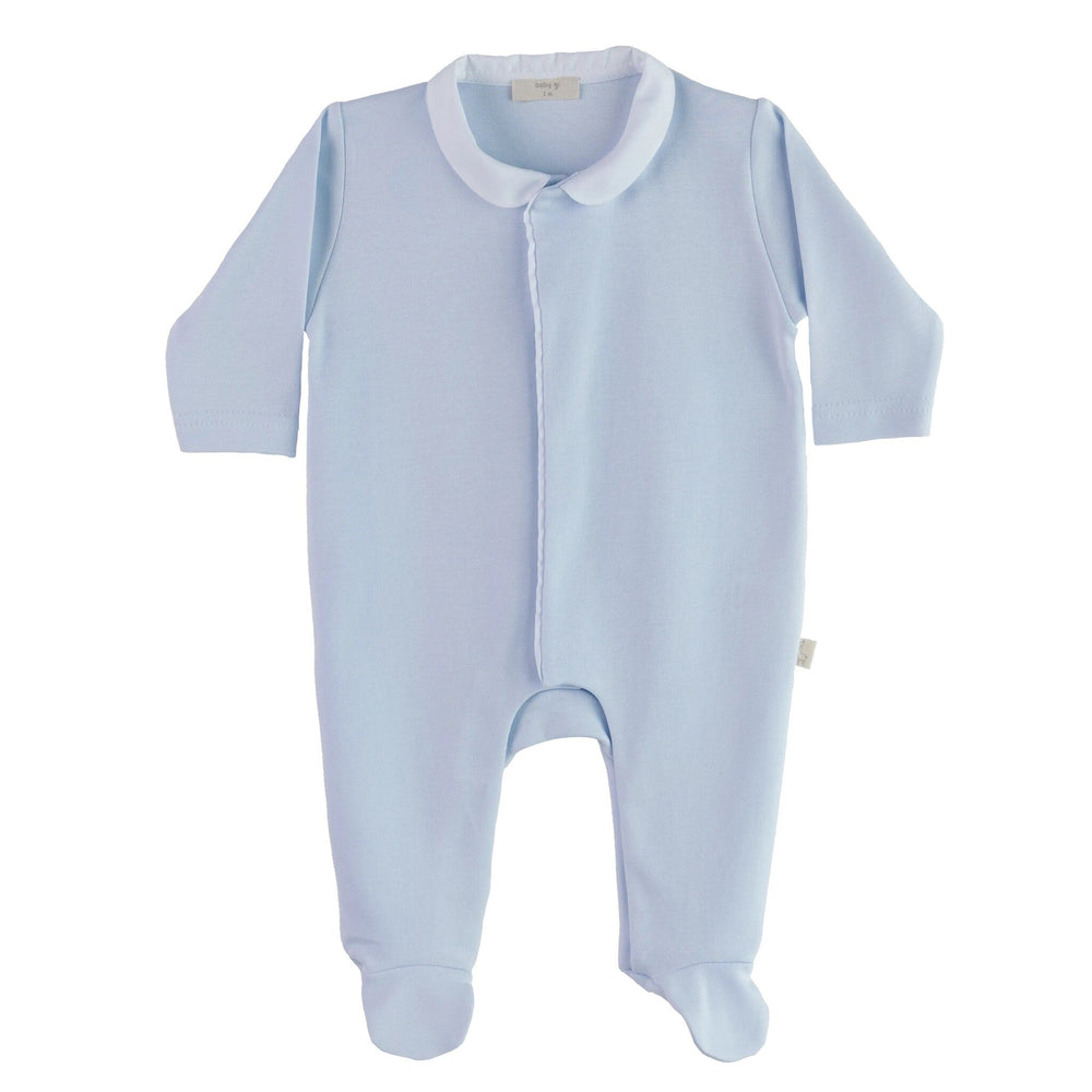 Lichtblauw babypakje in zachte velours stof met rond pique1 kraagje van Baby Gi