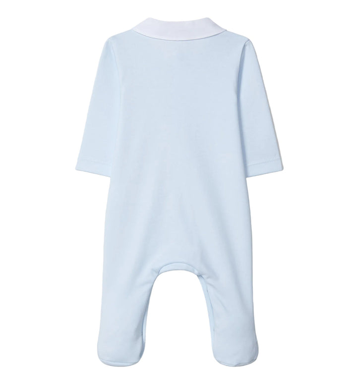 Lichtblauw babypakje met peperpan kraagje van Laranjinha