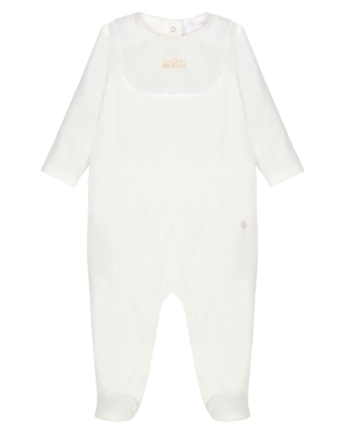 Uniseks katoenen babypakje met lange mouwen en voetjes, met bef en subtiele geborduurde beertjes van Patachou