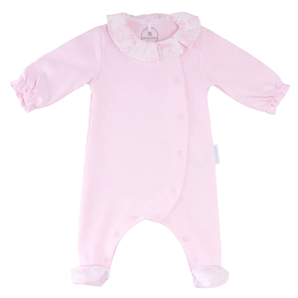 lichtroze jersey katoenen babypakje met garden party kraagje