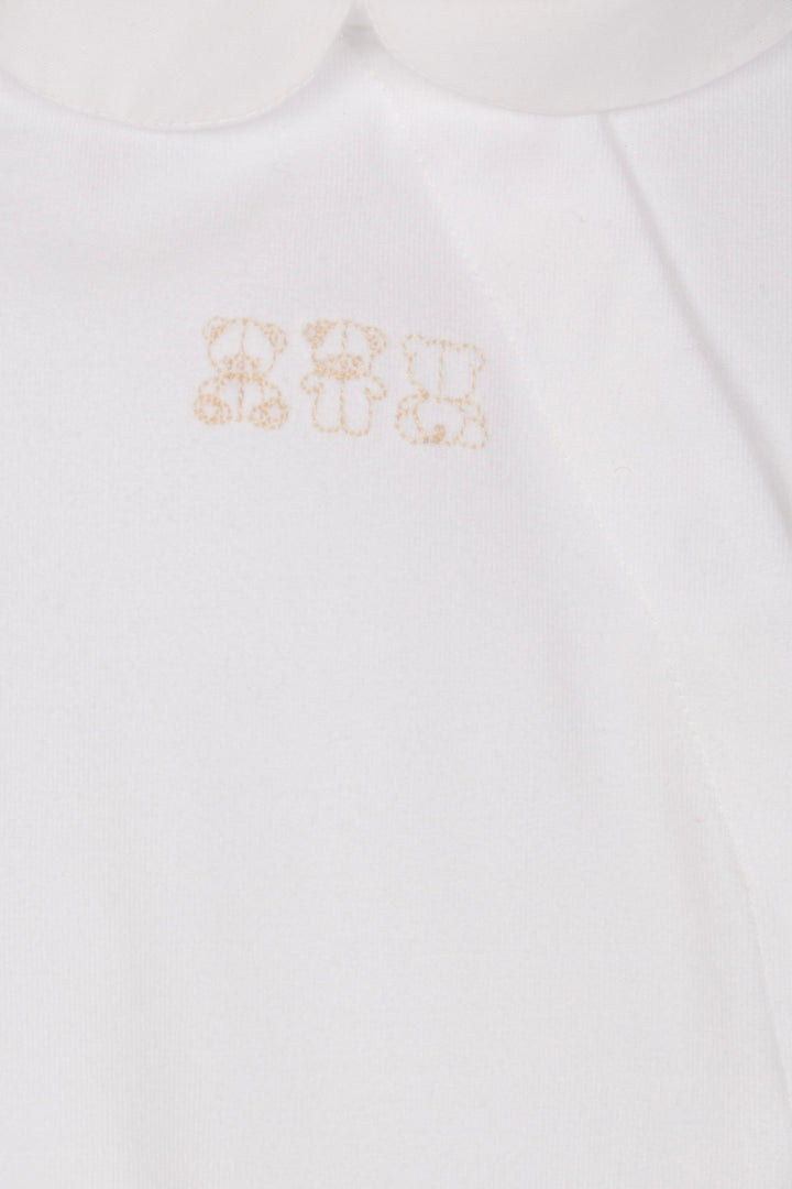 Wit uniseks babypakje van katje met lange mouwen, voetjes en klassieke kraag 