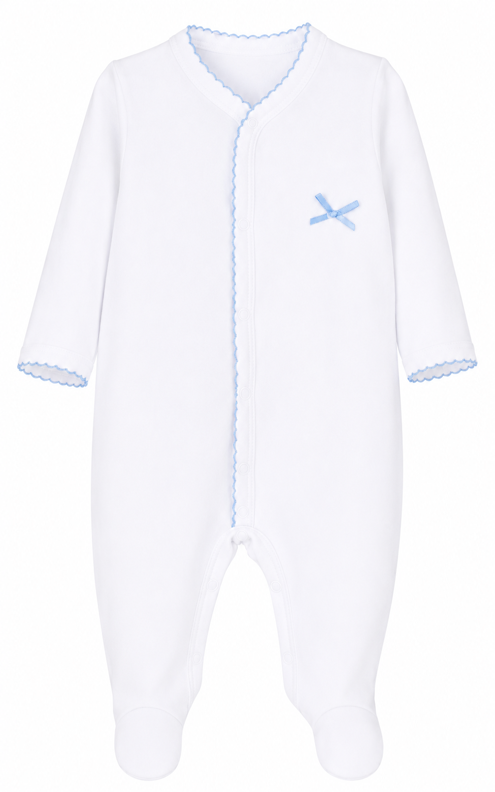 Babypakje wit katoen met lichtblauw picot randje en satijnen strik te personaliseren met naam