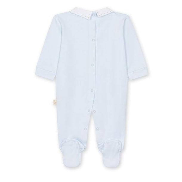achterkant katoen babypakje in lichtblauw met pique katoenen kraagje van Baby Gi 