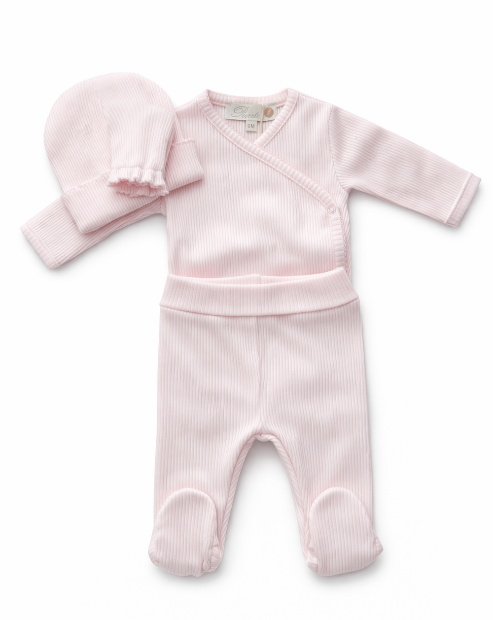 4-delig setje in rib, broekje, wantjes, mutsje en romper in lichtroze puree du bebe