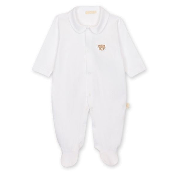 Wit unisex babypakje met geborduurd beertje en ronde kraag van baby gi 