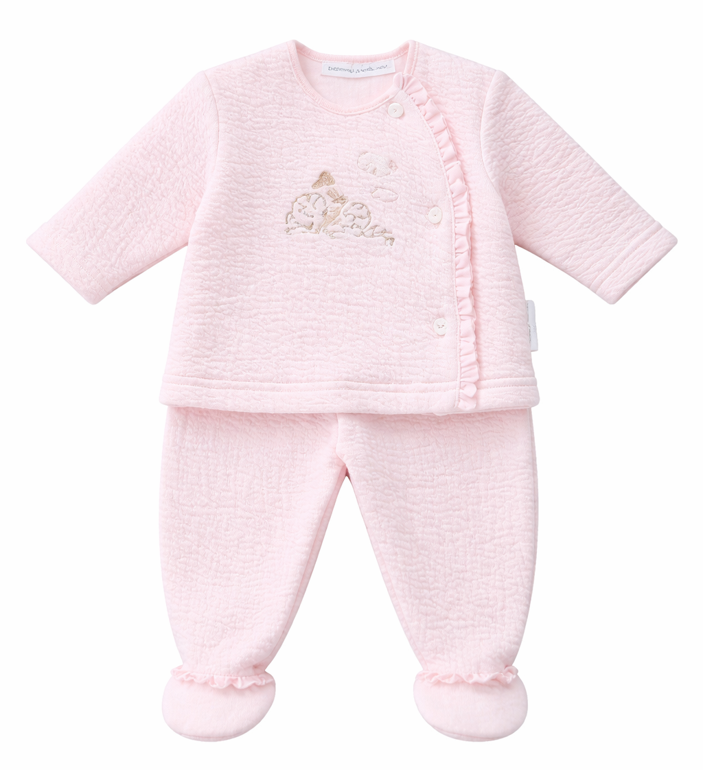 Pink garden party babypakje tweedelig in lichtroze gewafeld katoen van Theophile et Patachou