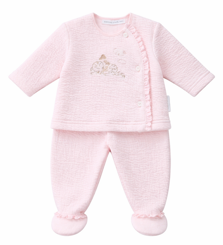 Pink garden party babypakje tweedelig in lichtroze gewafeld katoen van Theophile et Patachou