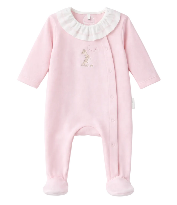 Lichtroze velours babypakje met ronde volant kraag van Theophile et patachou