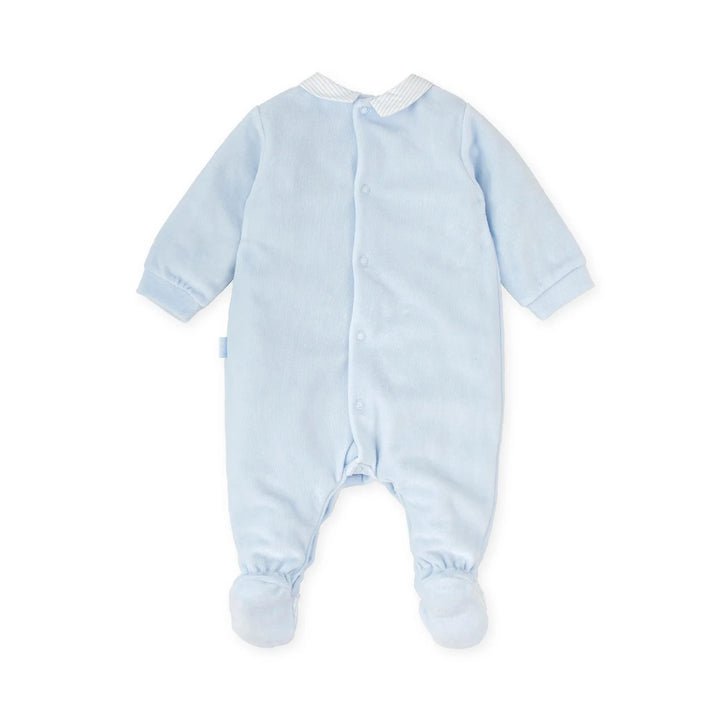 Lichtblauw babypakje in velours achterkant tutto piccolo 