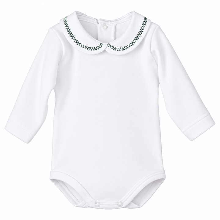 witte romper met ronde peter pan kraag en geborduurde kraag in groen