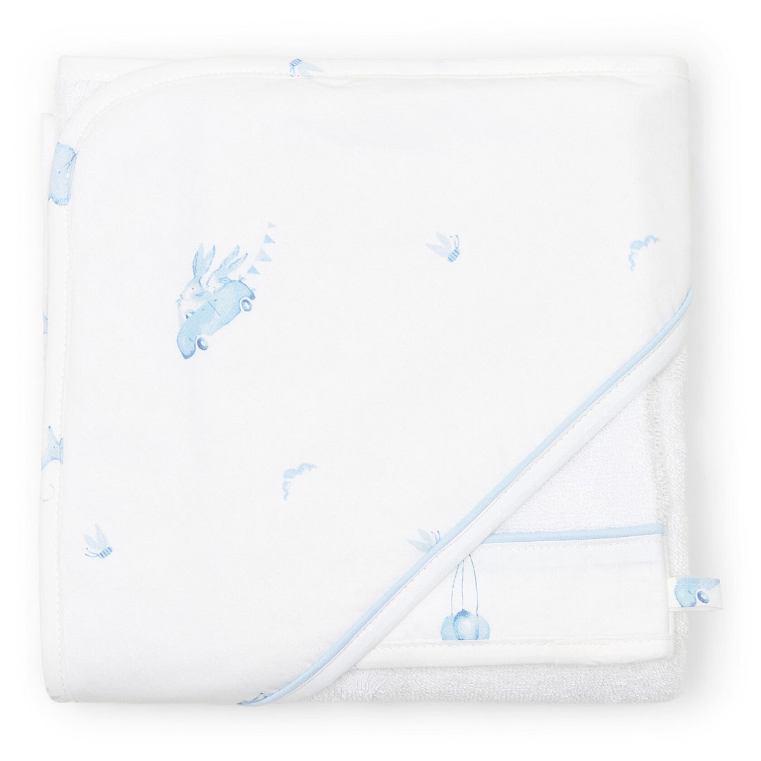 Witte badcape met lichtblauwe print met konijntjes en ballonnen Blue dreams collectie Poetree Kids