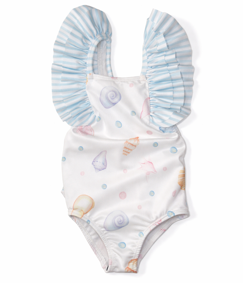 badpak met ruche banden een schelpen print van Meia Pata 