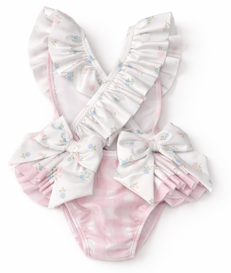 Achterkant van meia pata badpak met gingham en bloemen print 