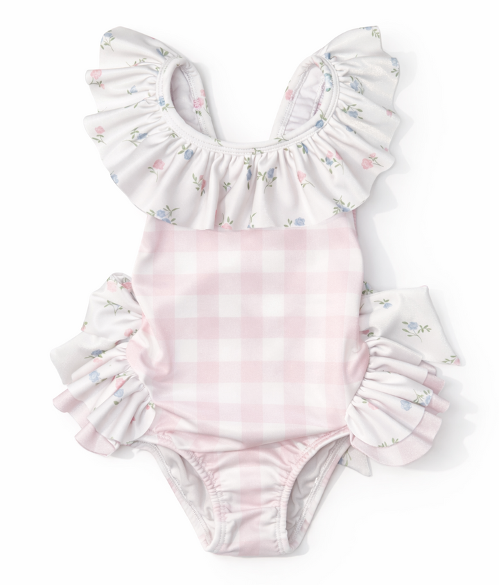 Meisjesbadpak met gingham en bloemen print met strikken van Meia Pata 