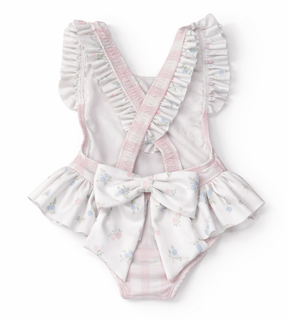 Achterkant van Meia Pata badpak in ruit en bloemen print