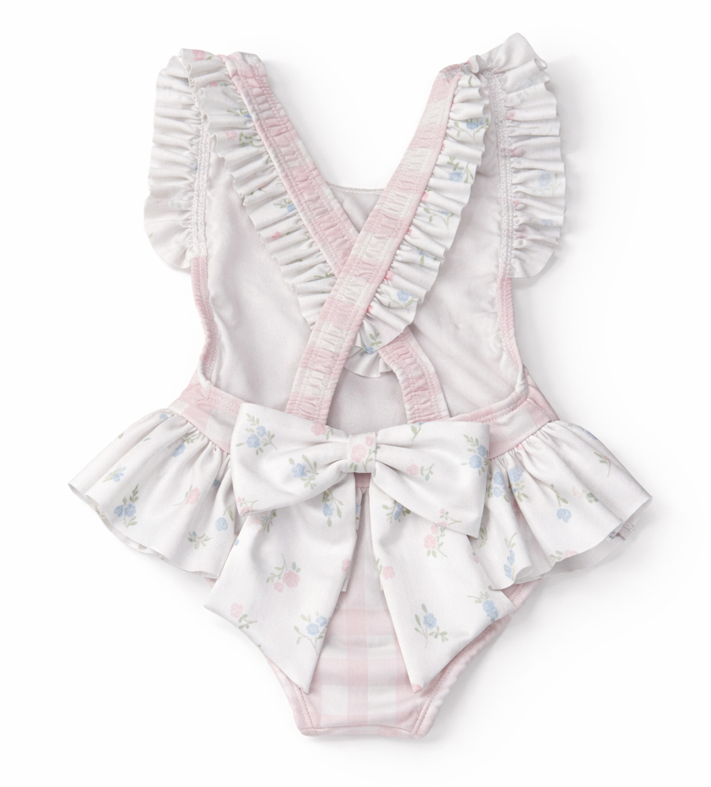 Achterkant van Meia Pata badpak in ruit en bloemen print