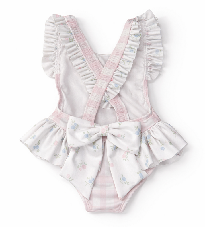 Achterkant van Meia Pata badpak in ruit en bloemen print